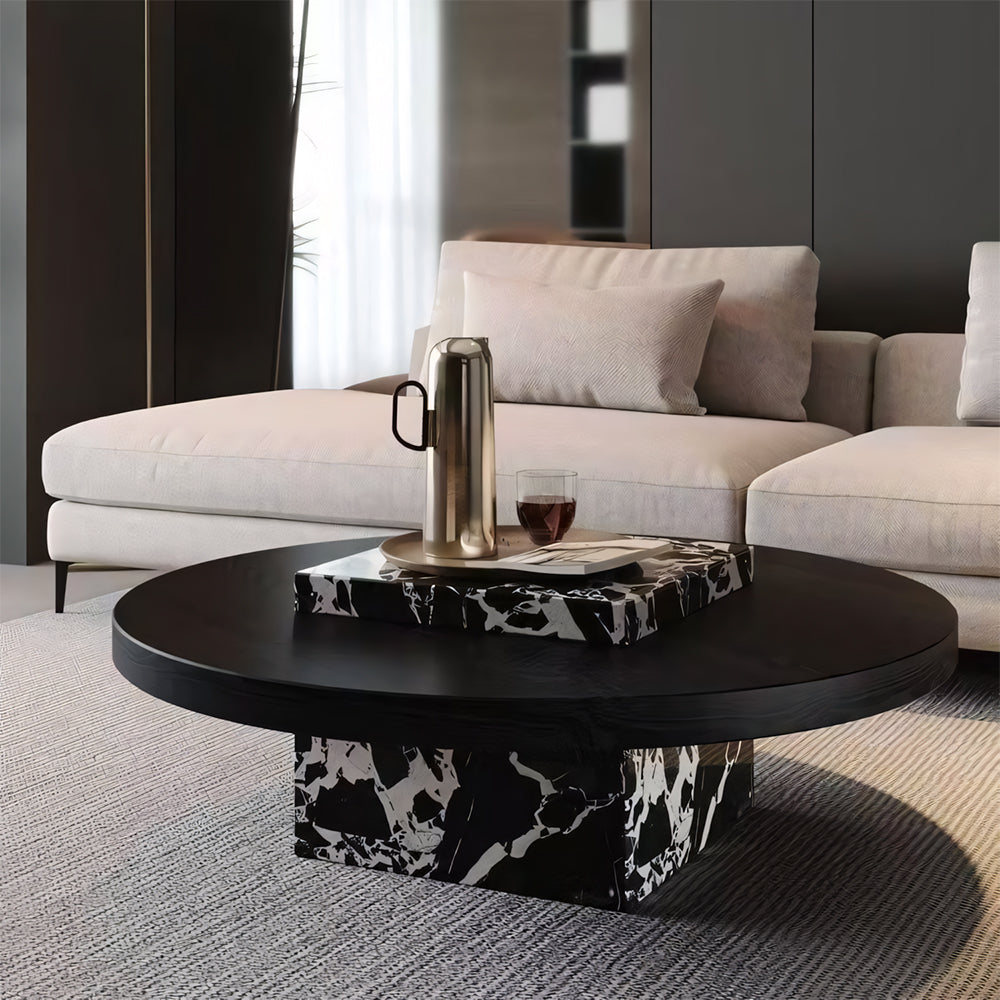 Black Round Coffee Table with Marble-Pattern Pedestal Base for Contemporary Living Rooms