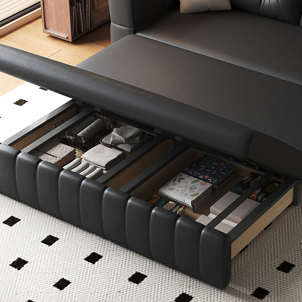 Modern Black Leather Sofa Bed with Pull-Out Sleeper Convertible 2-in-1 Couch