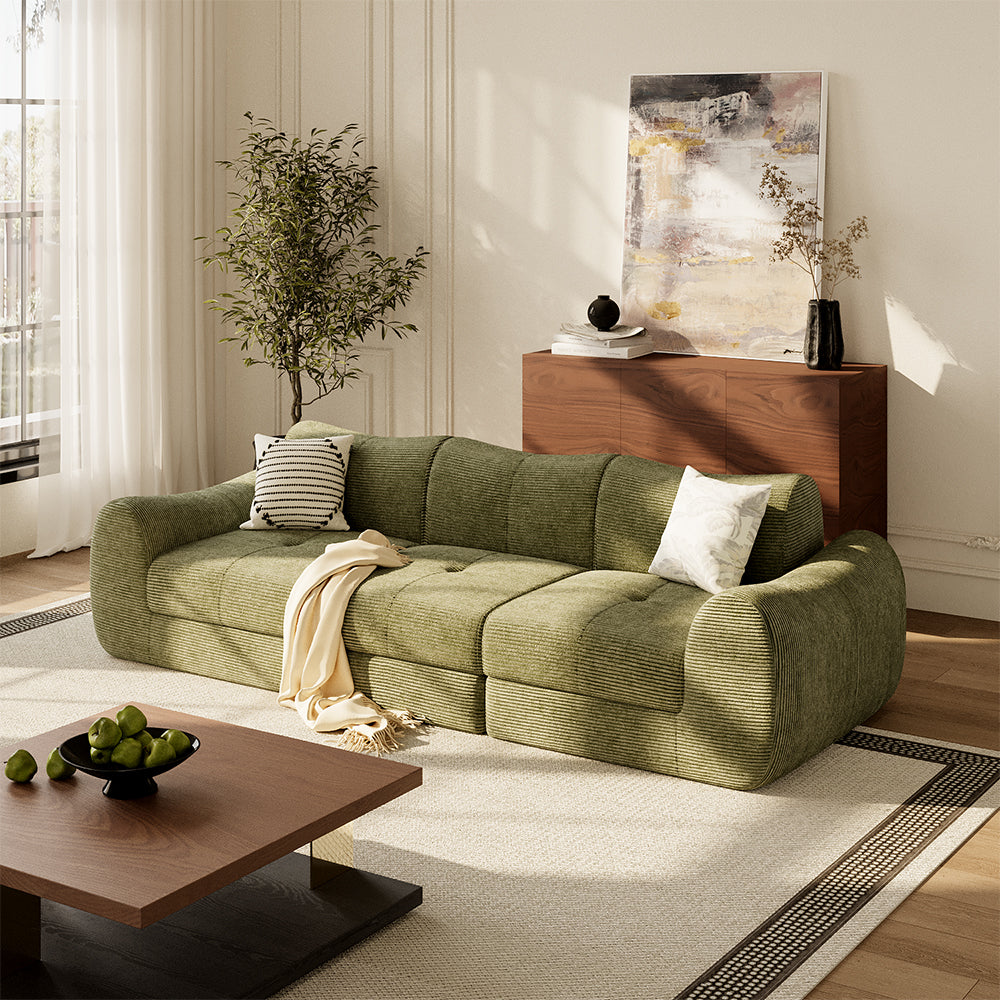 101'' Convertible Sofa Bed Three Seater Olive Green Upholstered Tufted Cushion Modern Curved Arm Modular Design