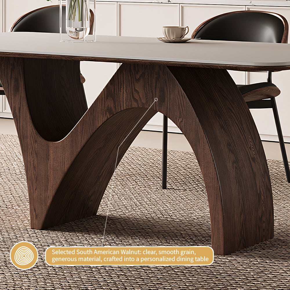 Modern Dining Table with Marble-Like Stone Top and Sculptural Wooden Base