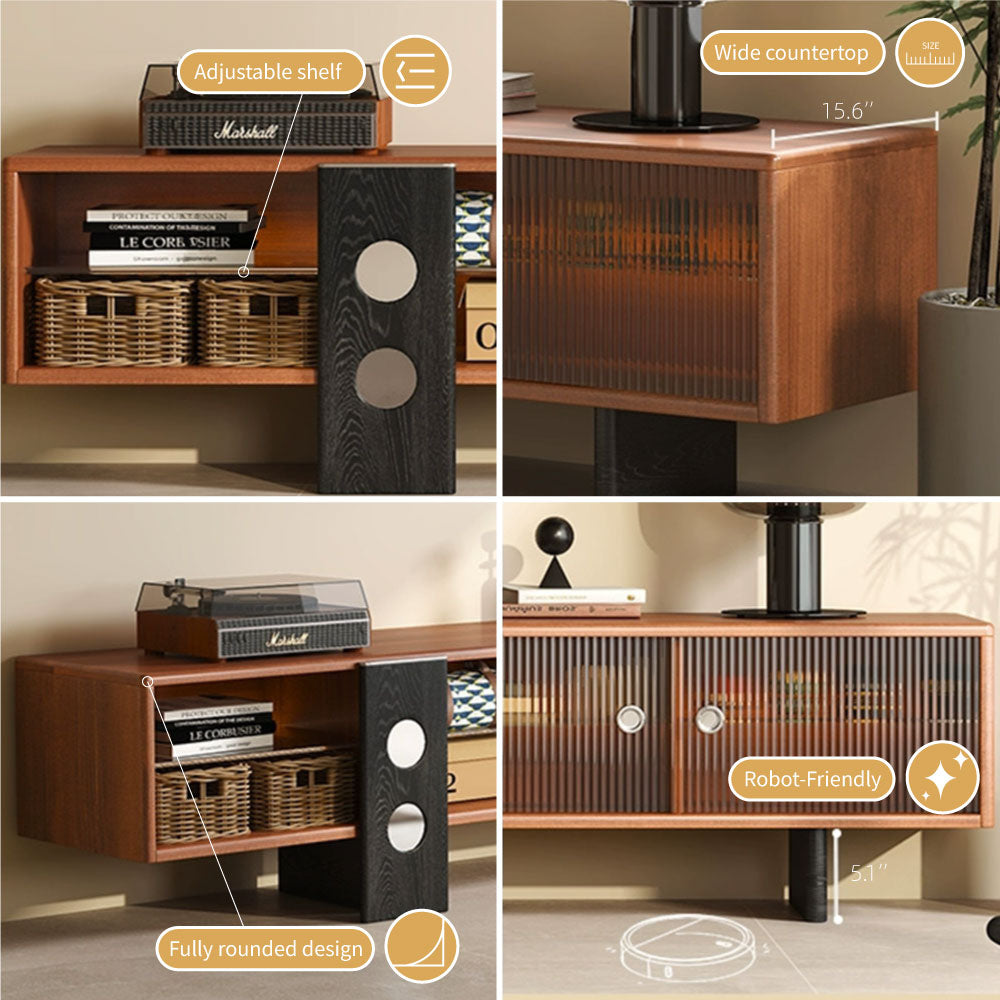 70.2‘’Mid-Century Modern TV Stand with Record Player Shelf - Wood Storage  Easy Organization