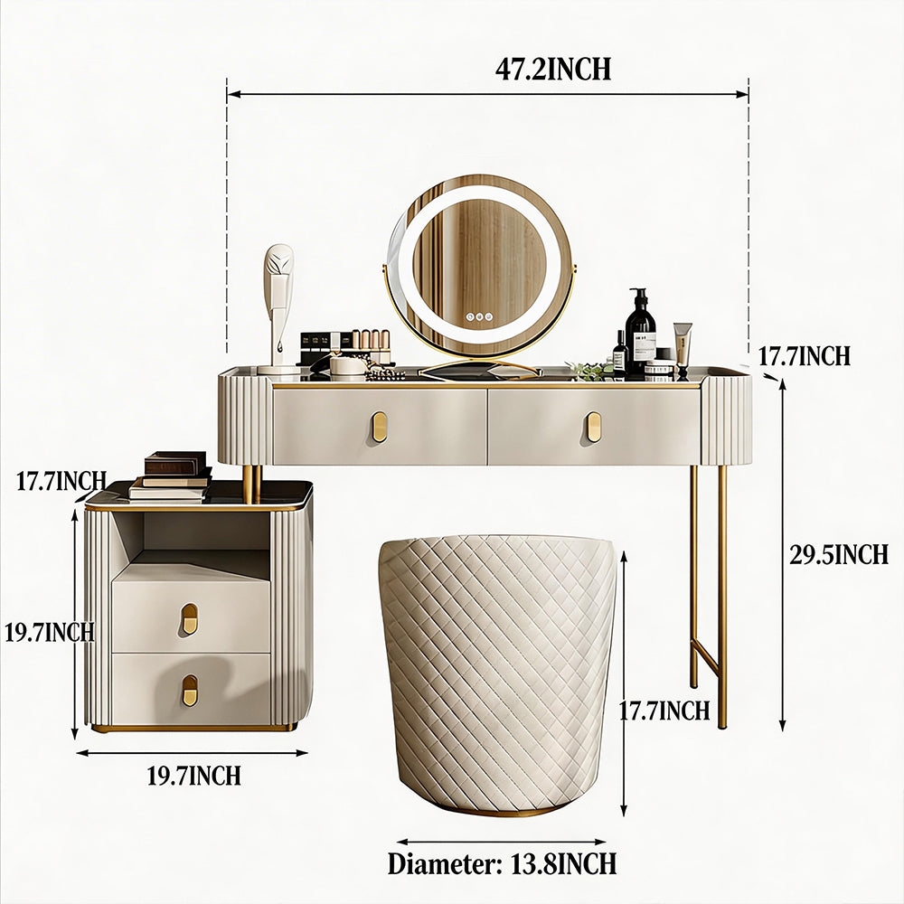 Modern Luxury Makeup Vanity Desk Marble Texture Top Dressing Table with Storage Drawers and Gold Metal Legs
