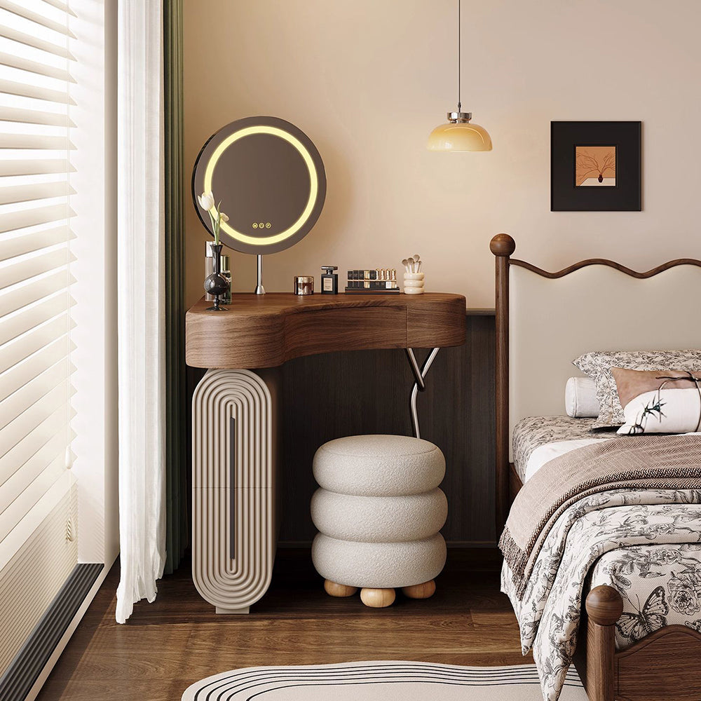 Modern Corner Vanity Desk with Mirror Walnut Finish Makeup Table with Storage Drawers with Stool