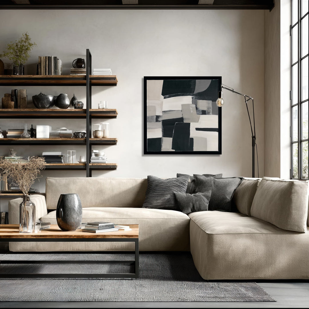 Original hand-painted geometric abstract, neutral black, grey, and beige palette blending with any living space.