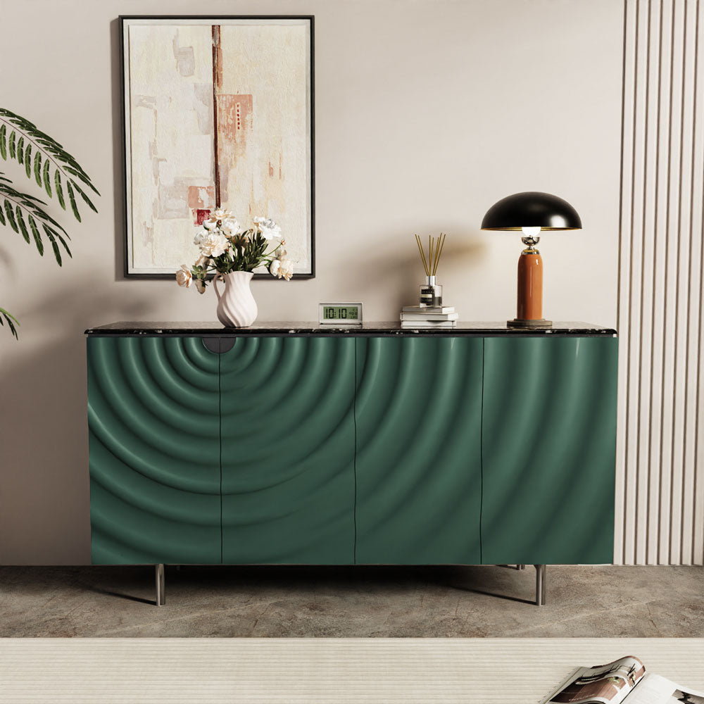 62.4" Modern Ripple Design Green Sideboard with Black Stone Top