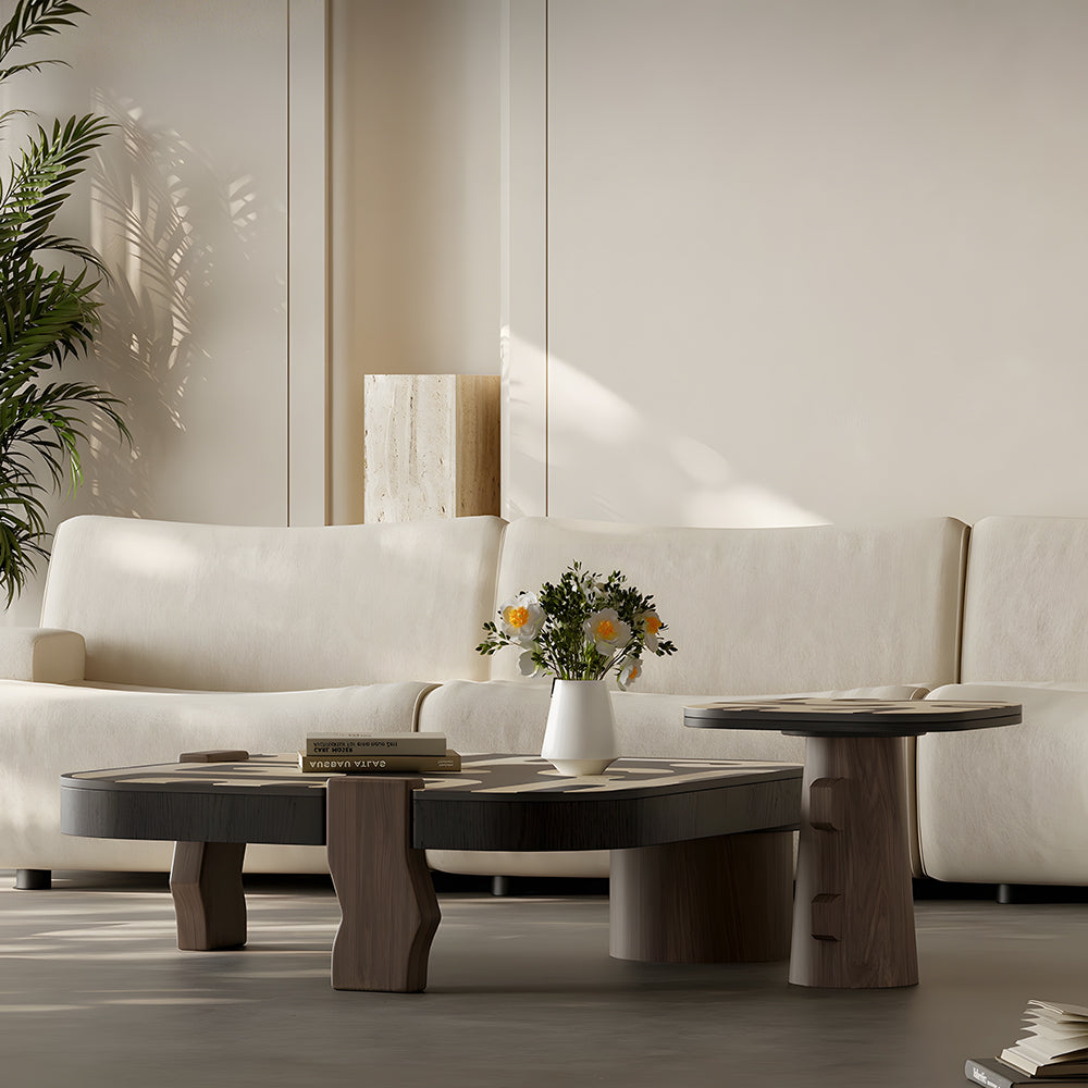 Modern Artistic Coffee Table Abstract Pattern Wood Center Table Irregular Shape Living Room Accent Table