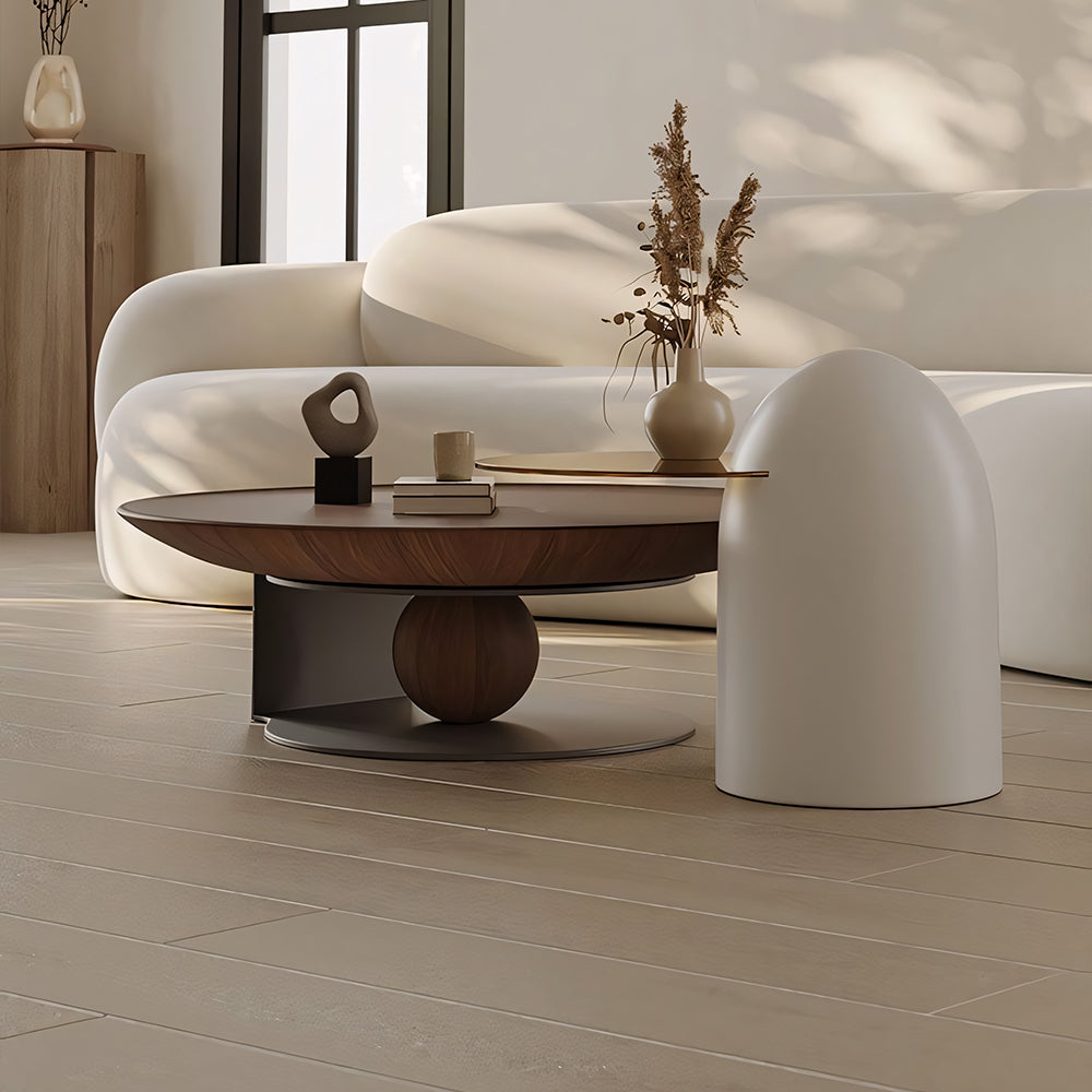 Modern Round Coffee Table with Glass Side Table Walnut Finish Center Table with Sculptural Base