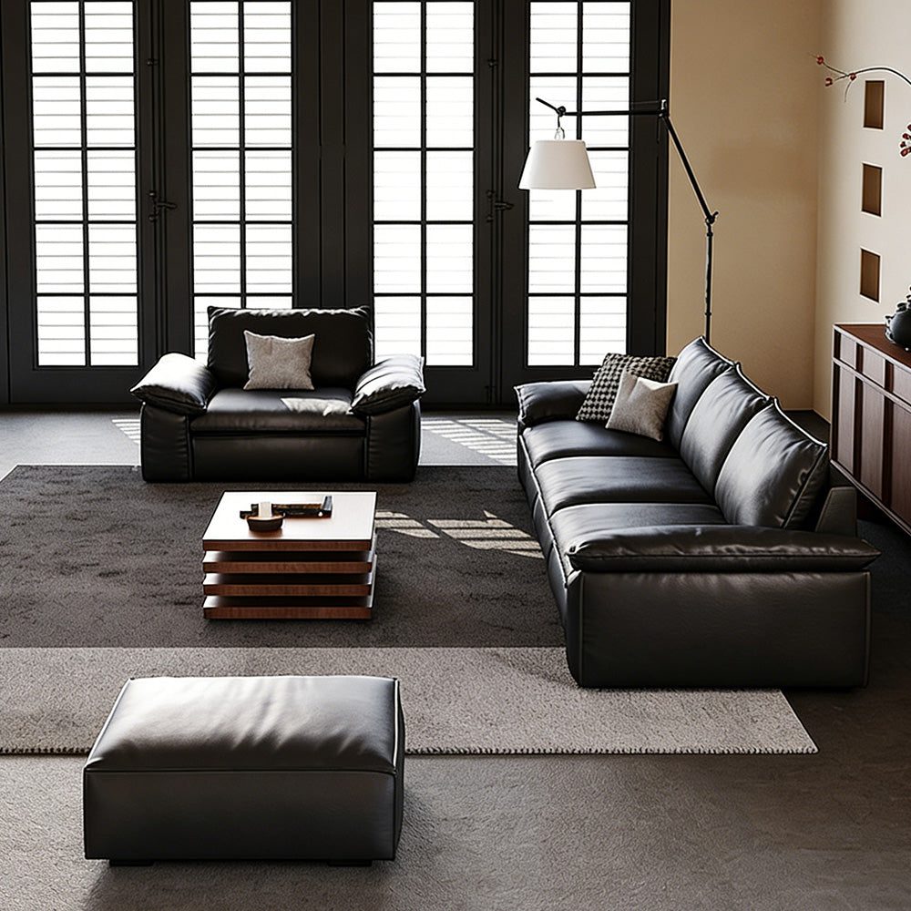 Modern Low Profile Black Leather Straight Sofa Minimalist Wide Arm 4 Seater Couch