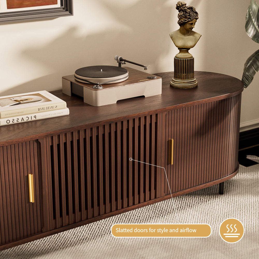 70.2'' Walnut Curved TV Stand Vertical Textured Design with Metal Handles
