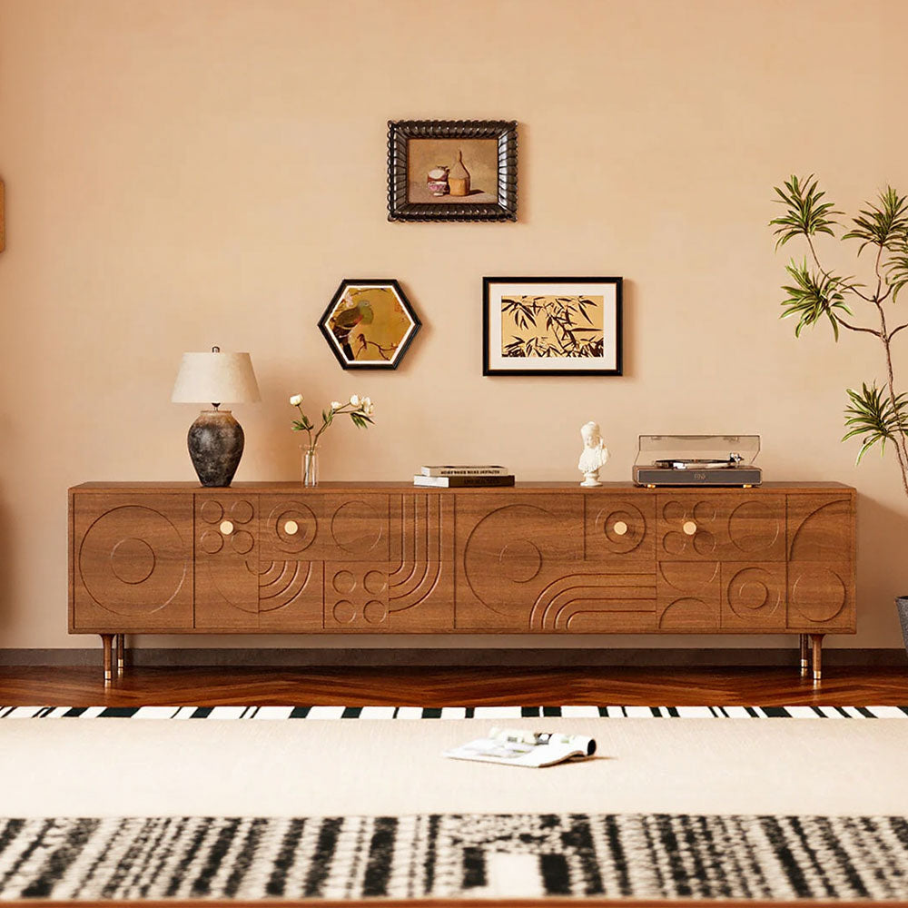78" Retro TV Stand Carved Geometric Pattern Solid Wood Cabinet Brass-Tipped Legs