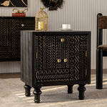 Load image into Gallery viewer, Modern Black Nightstand Wood Bedside Table Carved Door Storage Cabinet with Gold Handles
