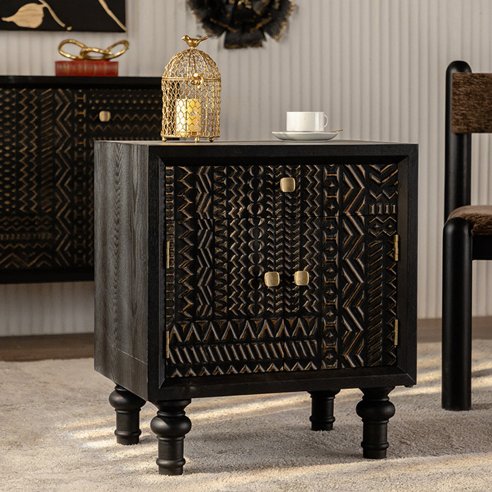 Modern Black Nightstand Wood Bedside Table Carved Door Storage Cabinet with Gold Handles