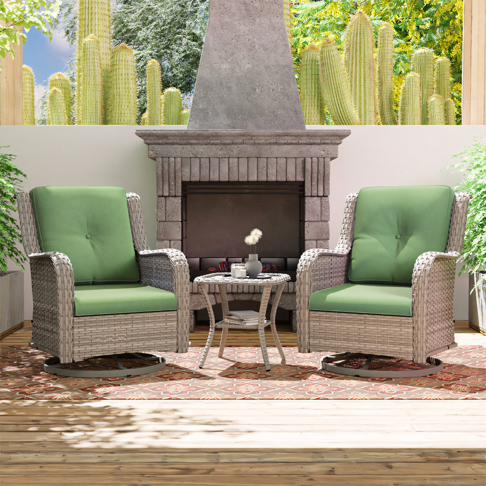 Outdoor Swivel Wicker Lounge Chair Set with Cushions and Matching Side Table