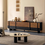 Load image into Gallery viewer, 78&quot; Sleek Rattan and Black Wood TV Stand Media Console Modern Minimalist Design with Textured Grille Front
