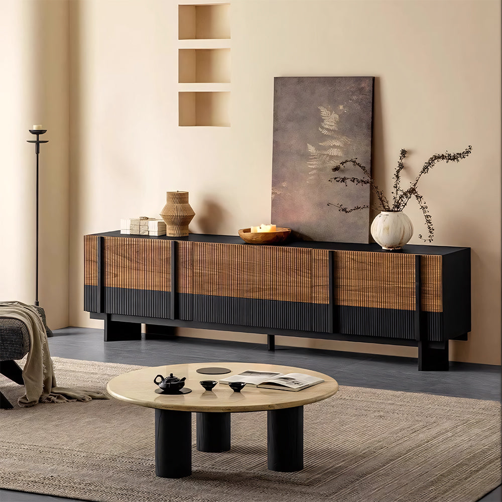 78" Sleek Rattan and Black Wood TV Stand Media Console Modern Minimalist Design with Textured Grille Front