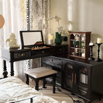 Load image into Gallery viewer, Modern Vintage Vanity Desk with Mirror and Stool Dark Wood Makeup Table with Drawers Storage
