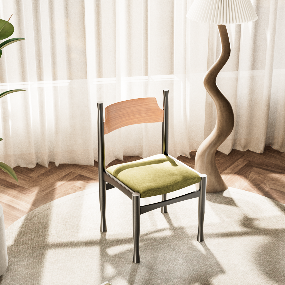18.33''Mid Century Dining Chair Carved Wood Frame Green Fabric Seat Vintage Style