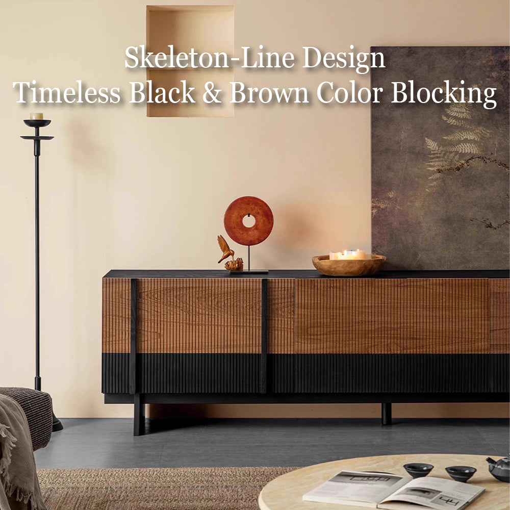 78" Sleek Rattan and Black Wood TV Stand Media Console Modern Minimalist Design with Textured Grille Front
