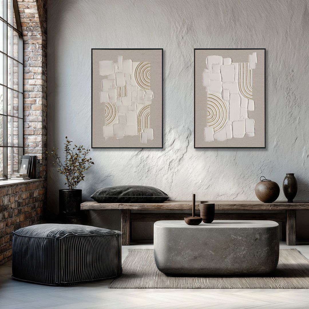 Original handmade texture art, crafted with plaster and golden lines, adding unique depth and serene modern Wabi-Sabi charm.