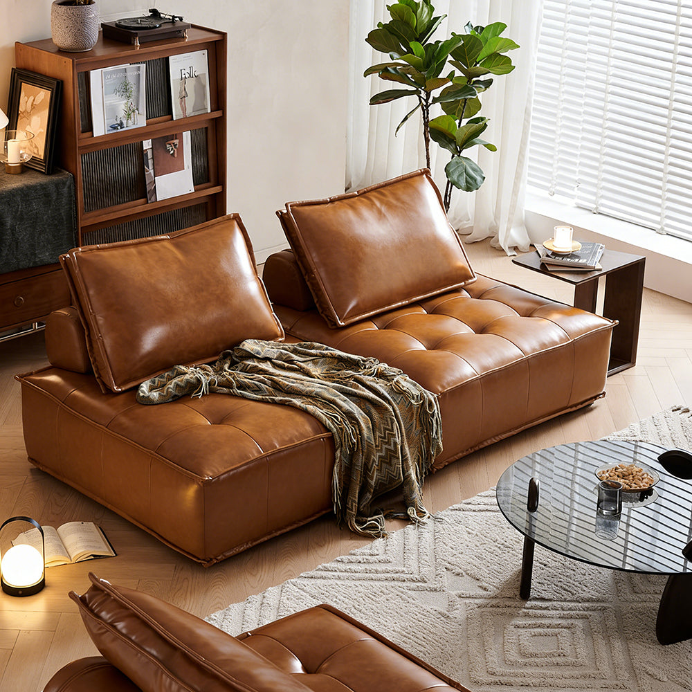 Modern Modular Vintage Leather Sofa Tufted Deep Seat Lounge Sofa Oil Wax Top Grain Leather