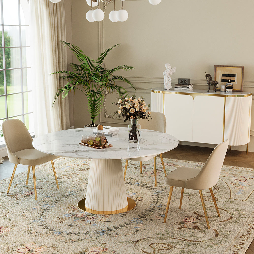 Luxury White & Gold Dining Suite Convertible Expandable Dining Table Contemporary Sideboard