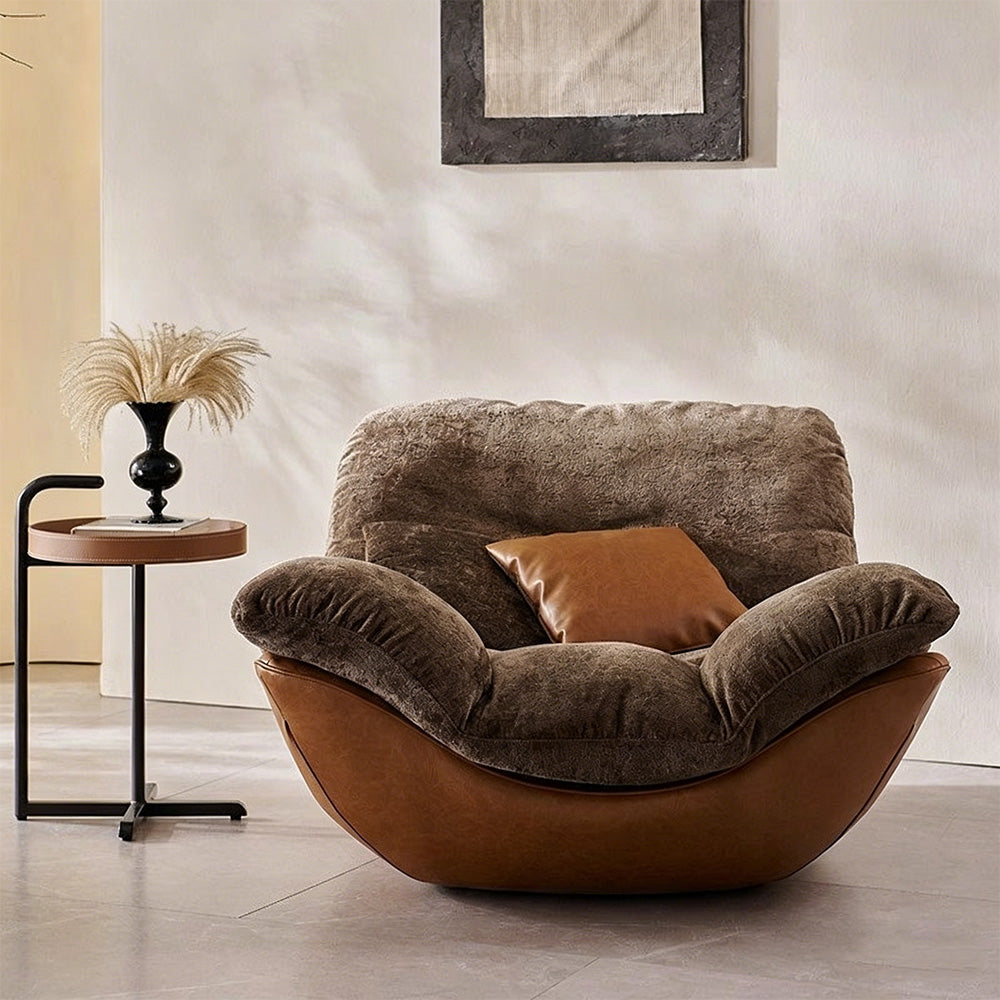 Modern Lounge Accent Chair Faux Leather Base Plush Fabric Cushion Low Profile Lazy Sofa Chair