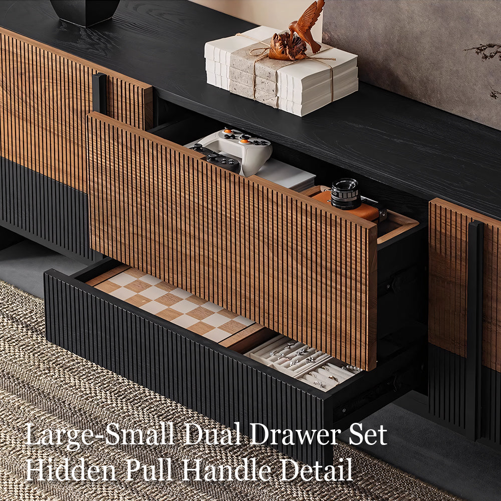 78" Sleek Rattan and Black Wood TV Stand Media Console Modern Minimalist Design with Textured Grille Front