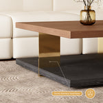 Load image into Gallery viewer, 35.1″ Square Coffee Table with Dual-Tone Wood and Stone Base Modern Minimalist Design with Gold Metal Accents
