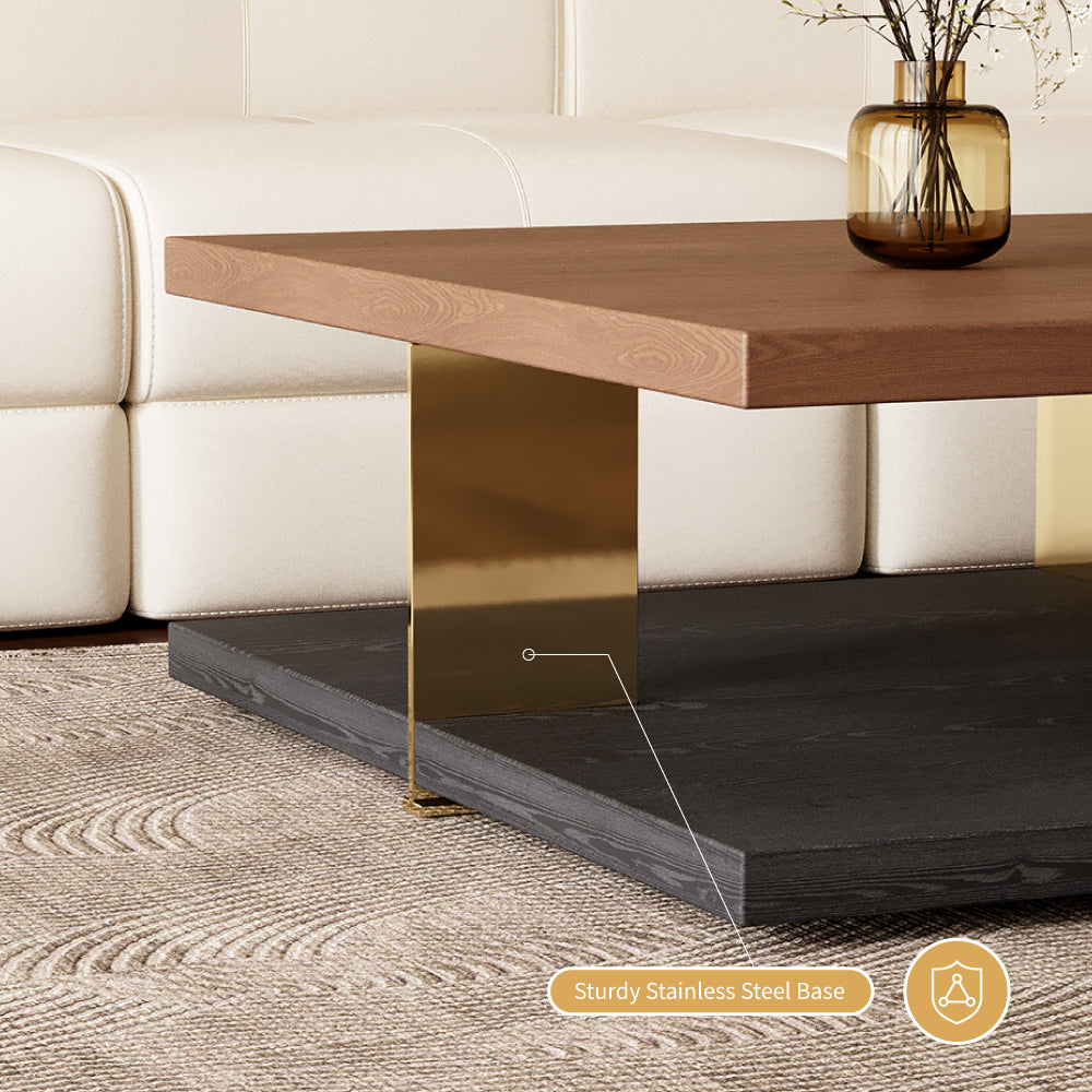 35.1″ Square Coffee Table with Dual-Tone Wood and Stone Base Modern Minimalist Design with Gold Metal Accents