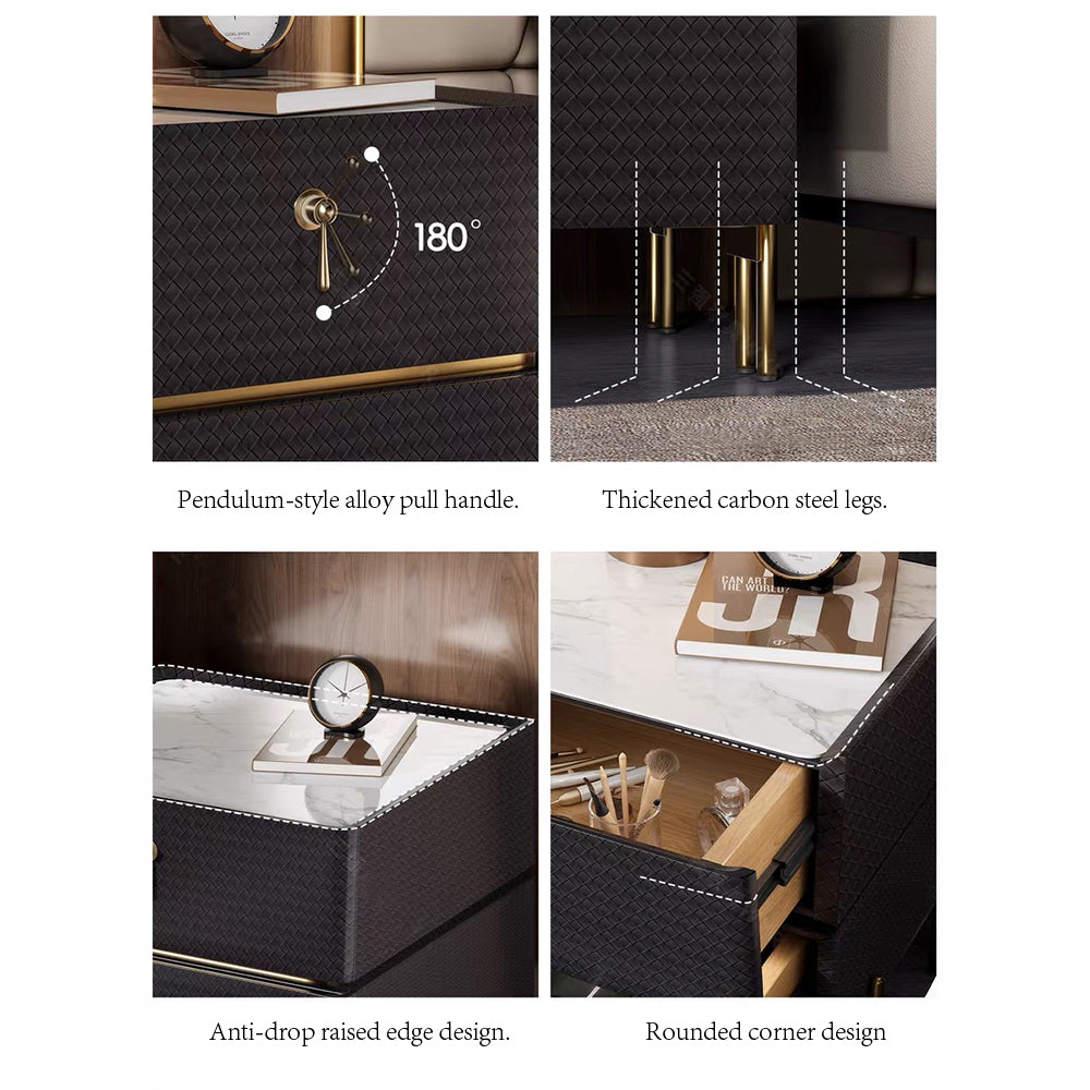 Luxury Bedside Table with Textured Front Panels and Brass Accents