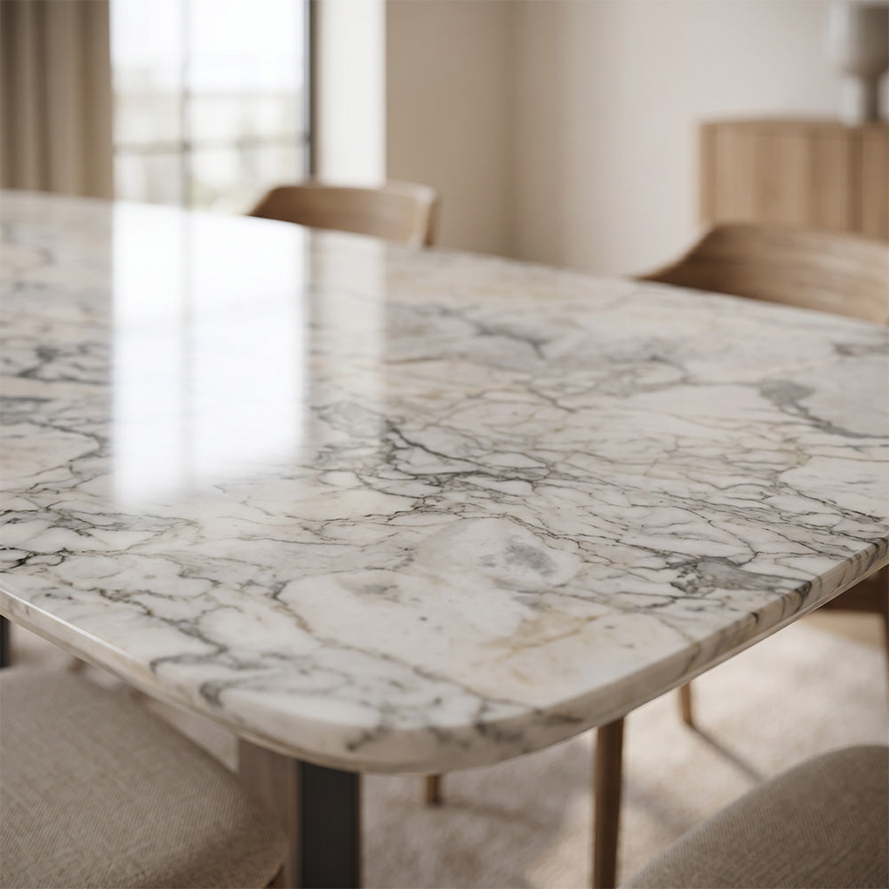 Modern Rectangular Dining Table with Rounded Corners and Marble-Look Top