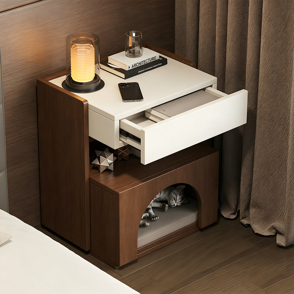 Modern Nightstand with Drawer and Open Shelf Wooden Bedside Table with Built-in Pet House Contemporary Storage Cabinet
