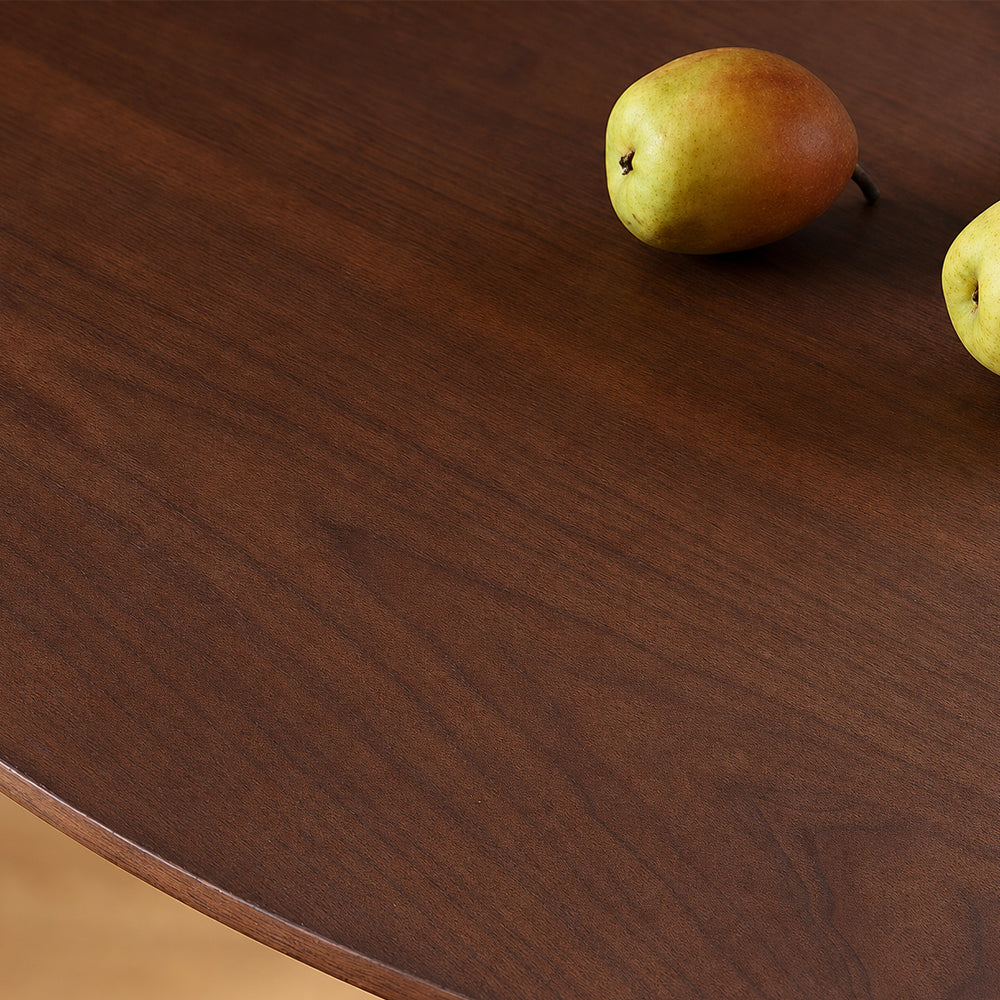 Modern Round Dining Table with Walnut Veneer Top & Travertine-Inspired Pedestal Base