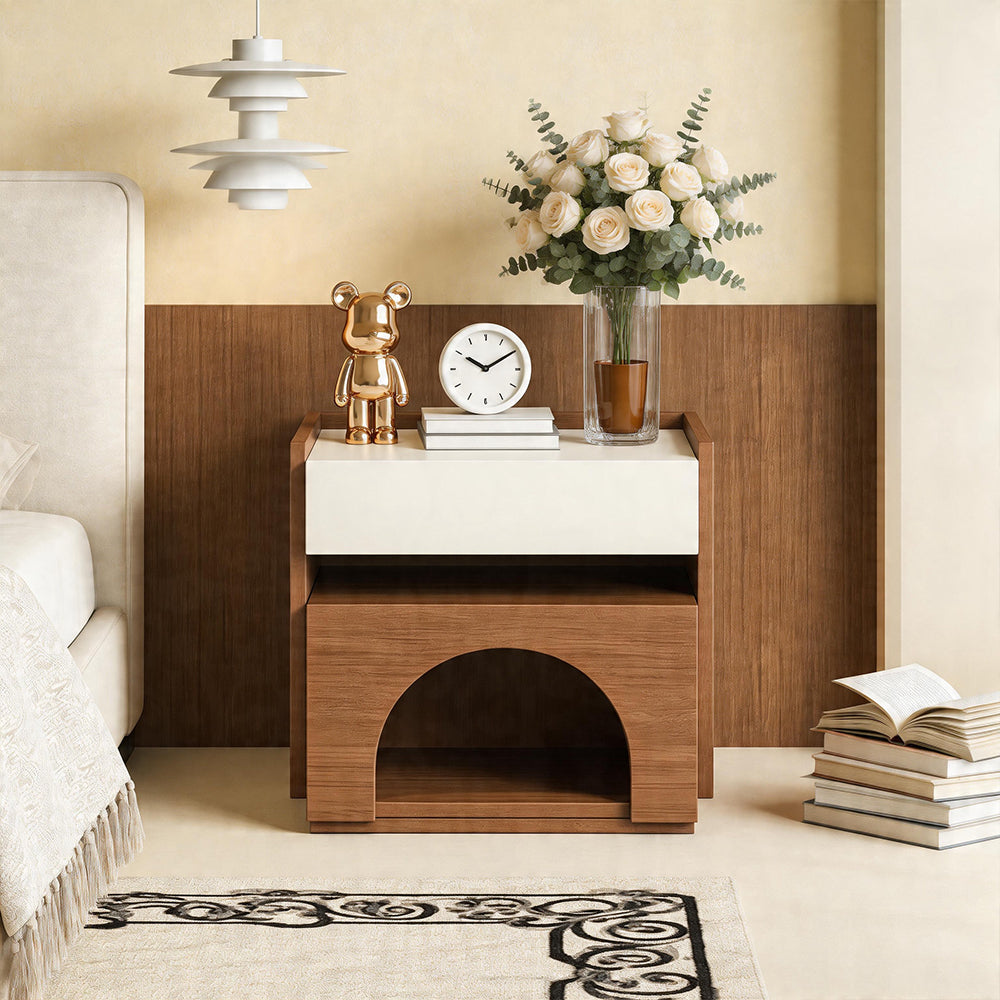 Modern Nightstand with Drawer and Open Shelf Wooden Bedside Table with Built-in Pet House Contemporary Storage Cabinet