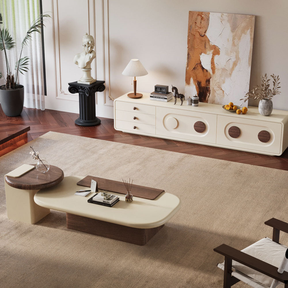 Modern Minimalist Living Room Furniture Set Cream TV Stand and Oval Coffee Table Combination