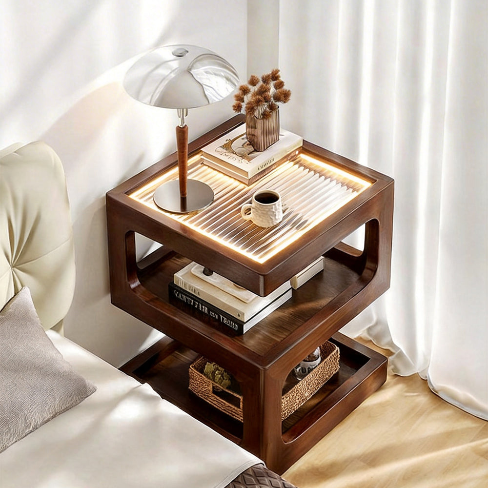 Modern Solid Wood Bedside Table with Fluted Glass Top Multi Layer Storage Nightstand