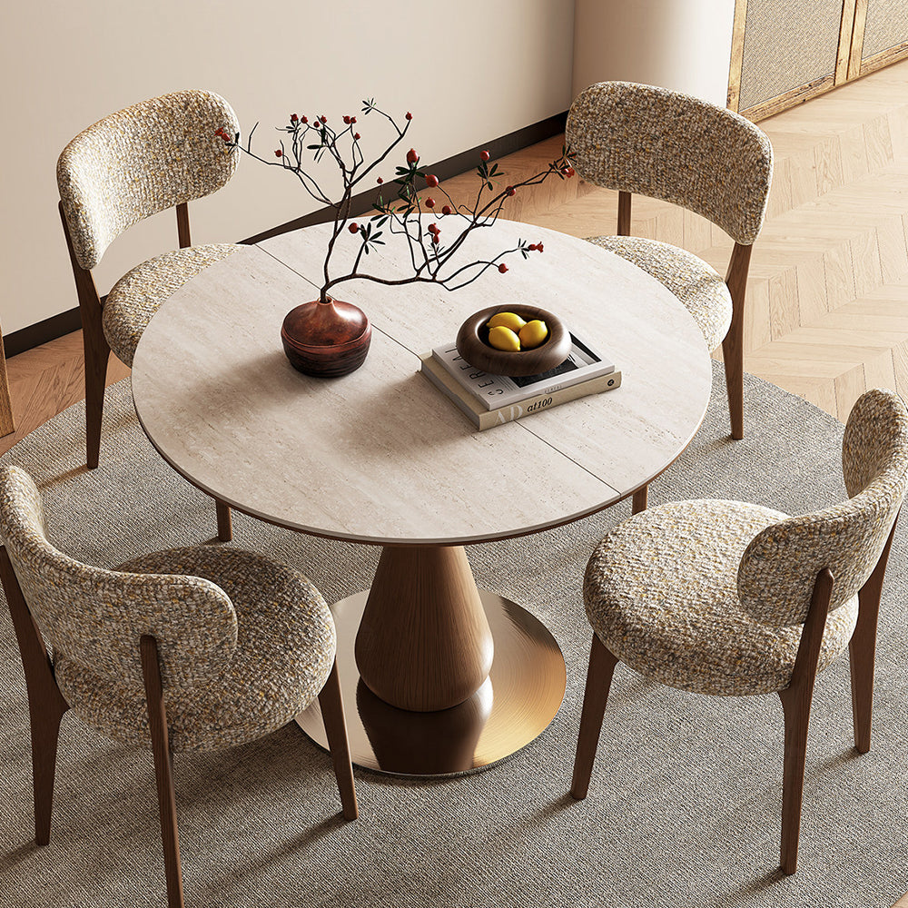 Modern Extendable Round Dining Table with Sintered Stone Top & Sculptural Pedestal Base