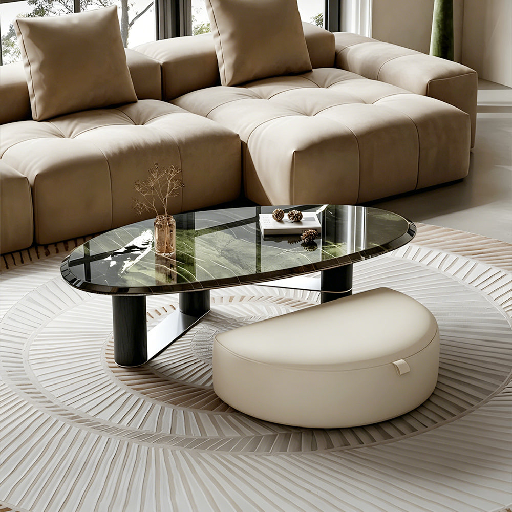 Modern Oval Coffee Table with Tempered Glass Top Black Base Minimalist Living Room Center Table