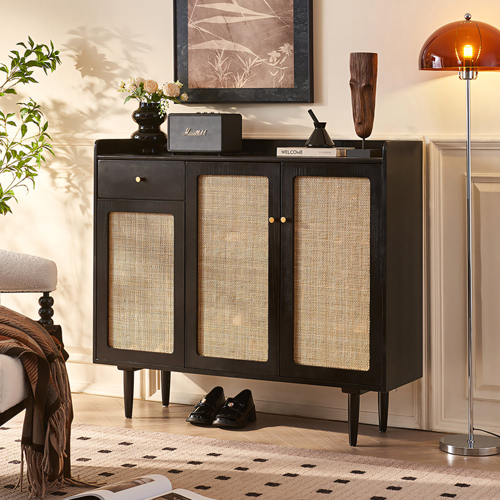 43.3'' Modern Rattan Shoe Cabinet with Woven Doors and Storage Shelves