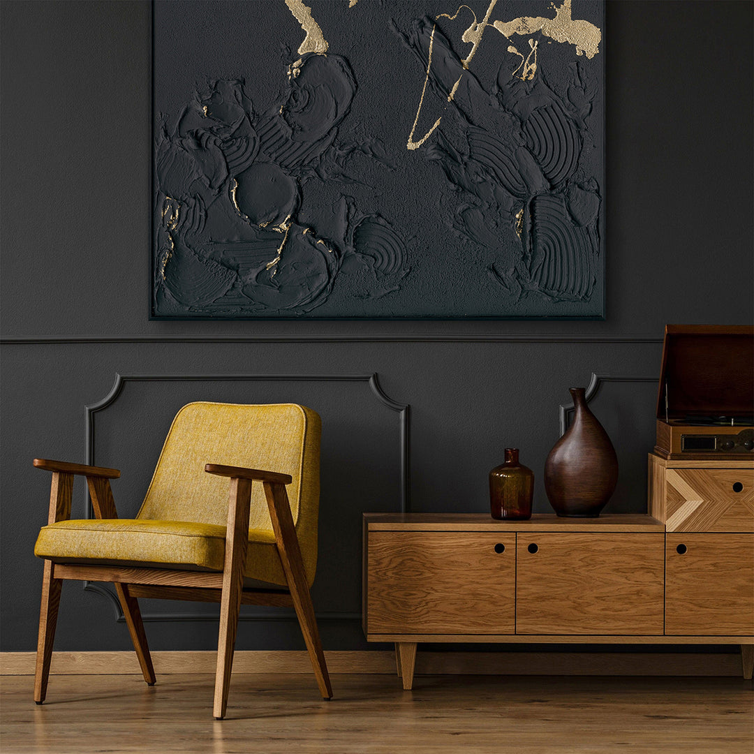 Handmade Abstract Wall Art – Black Textured Painting with Gold Accents
