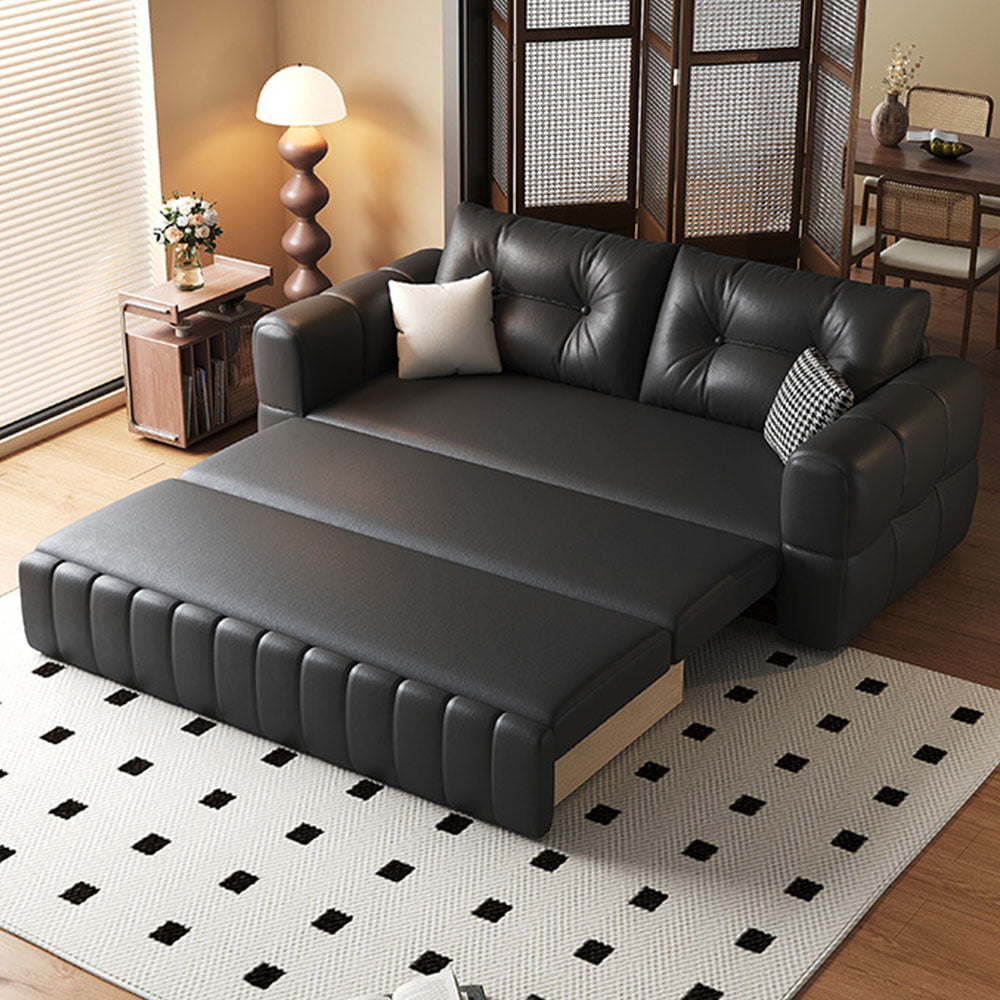 Modern Black Leather Sofa Bed with Pull-Out Sleeper Convertible 2-in-1 Couch