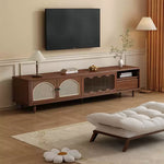 Load image into Gallery viewer, Mid-Century Modern Coffee Table with Cane Doors Elegant Storage &amp; Warm Wood Finish
