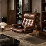 Load image into Gallery viewer, Mid-Century Brown Faux Leather Tufted Lounge Chair with Chrome Frame

