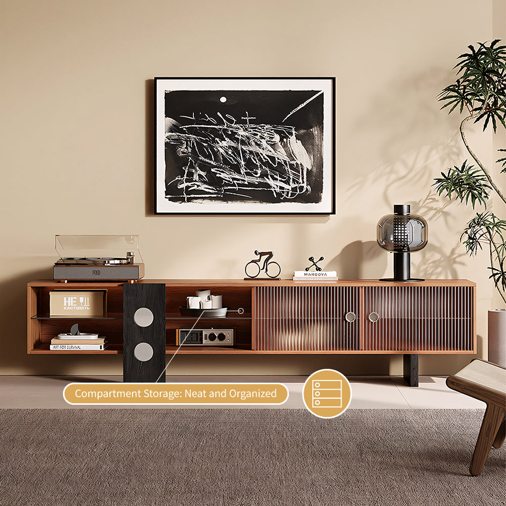 70.2‘’Mid-Century Modern TV Stand with Record Player Shelf - Wood Storage  Easy Organization