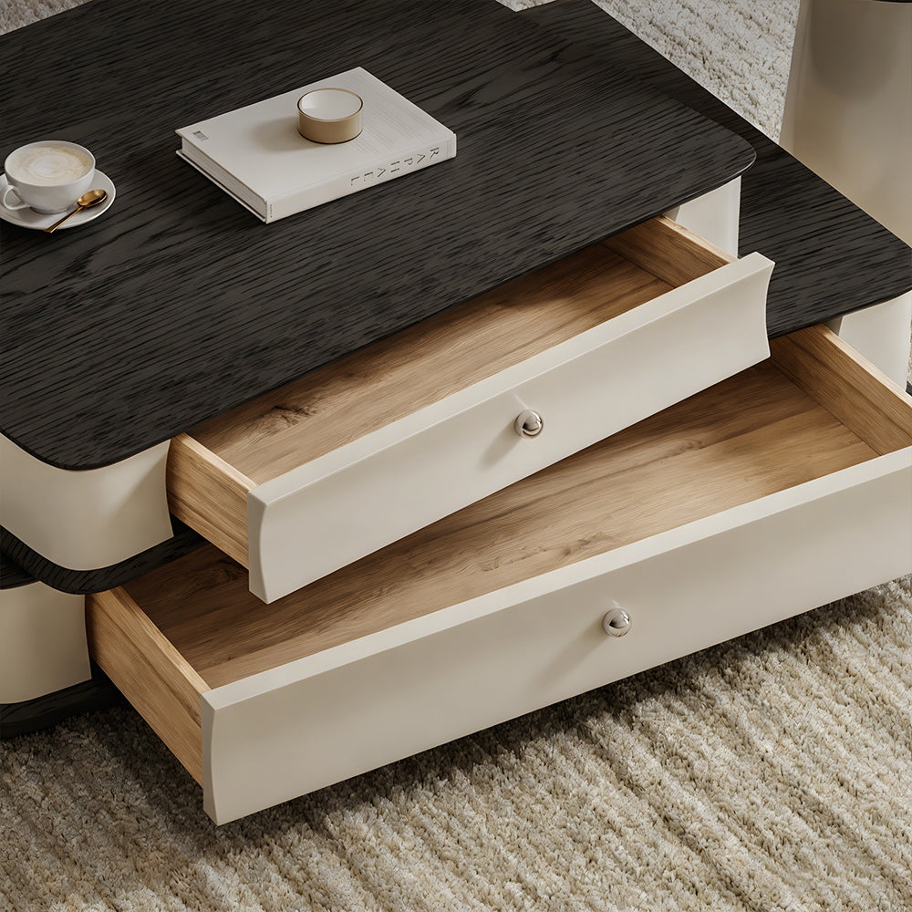 Modern Layered Coffee Table Set with Drawer Storage and Side Table Black Wood Grain Top Minimalist Design