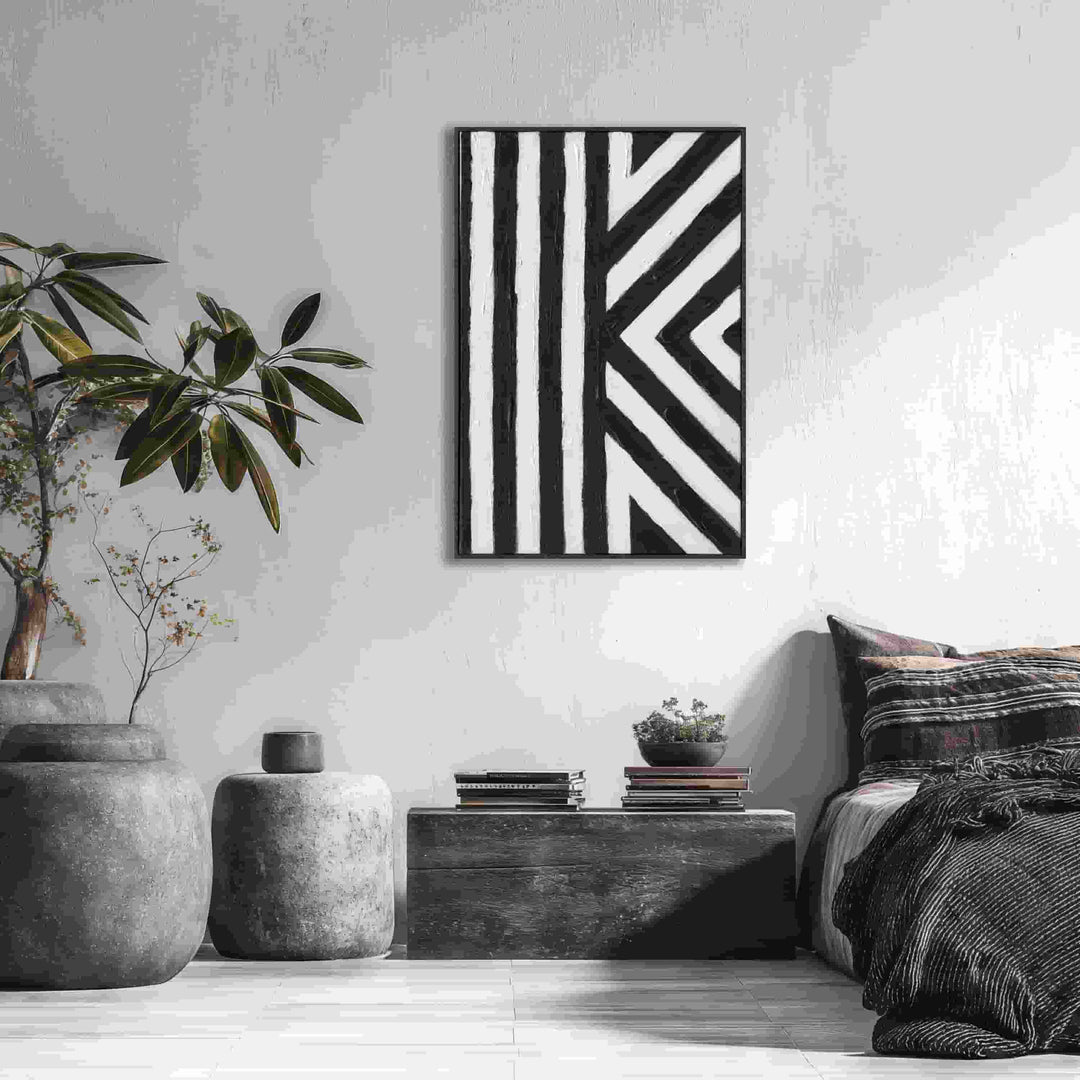 Handmade Textured Wall Art – Black & White Geometric Abstract Painting