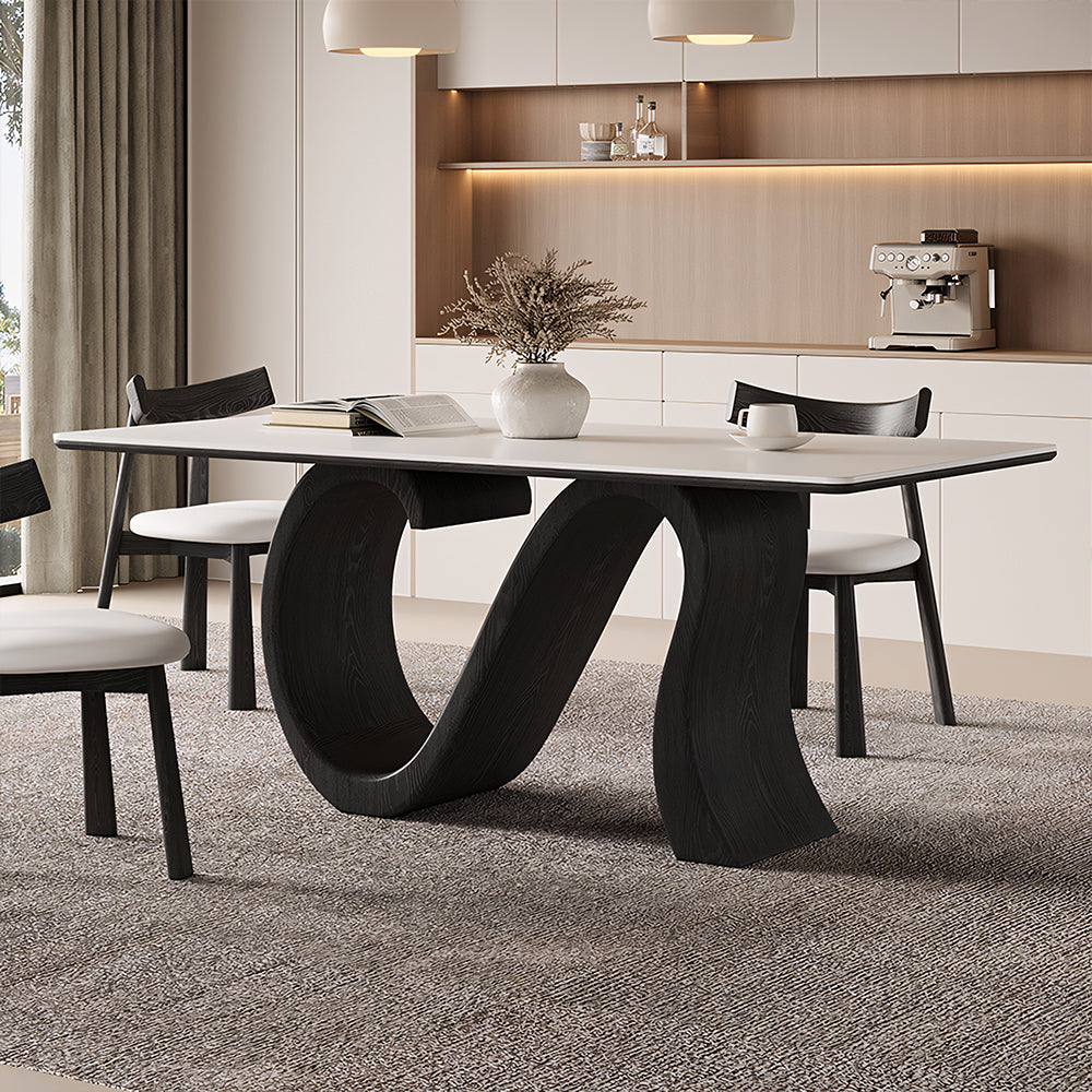 Creative S-shaped Walnut Base Round Dining Table with Marble Effect Surface
