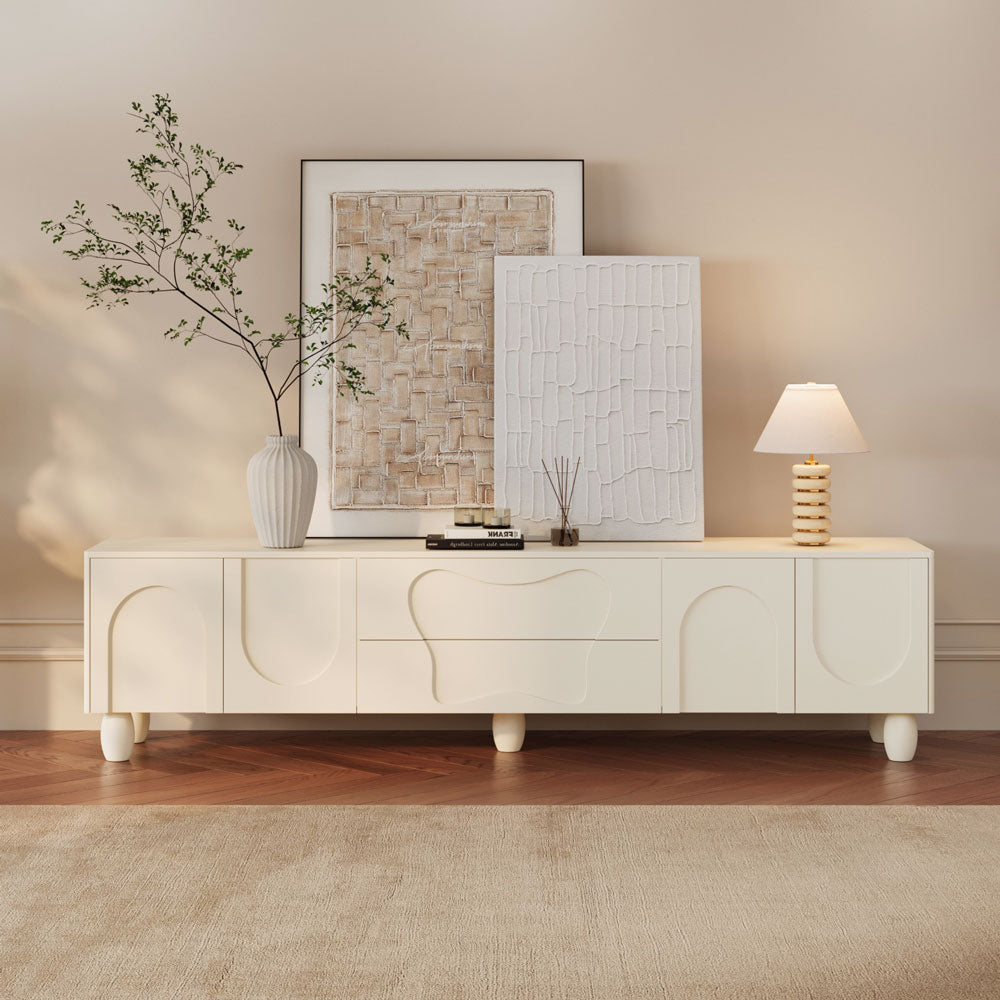 78.7'' Modern Sculpted White TV Stand with Artistic Panel Design