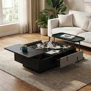 Modern Multifunctional Coffee Table with Lift Top Storage Black Marble Pattern Center Table with Hidden Compartments for Living Room