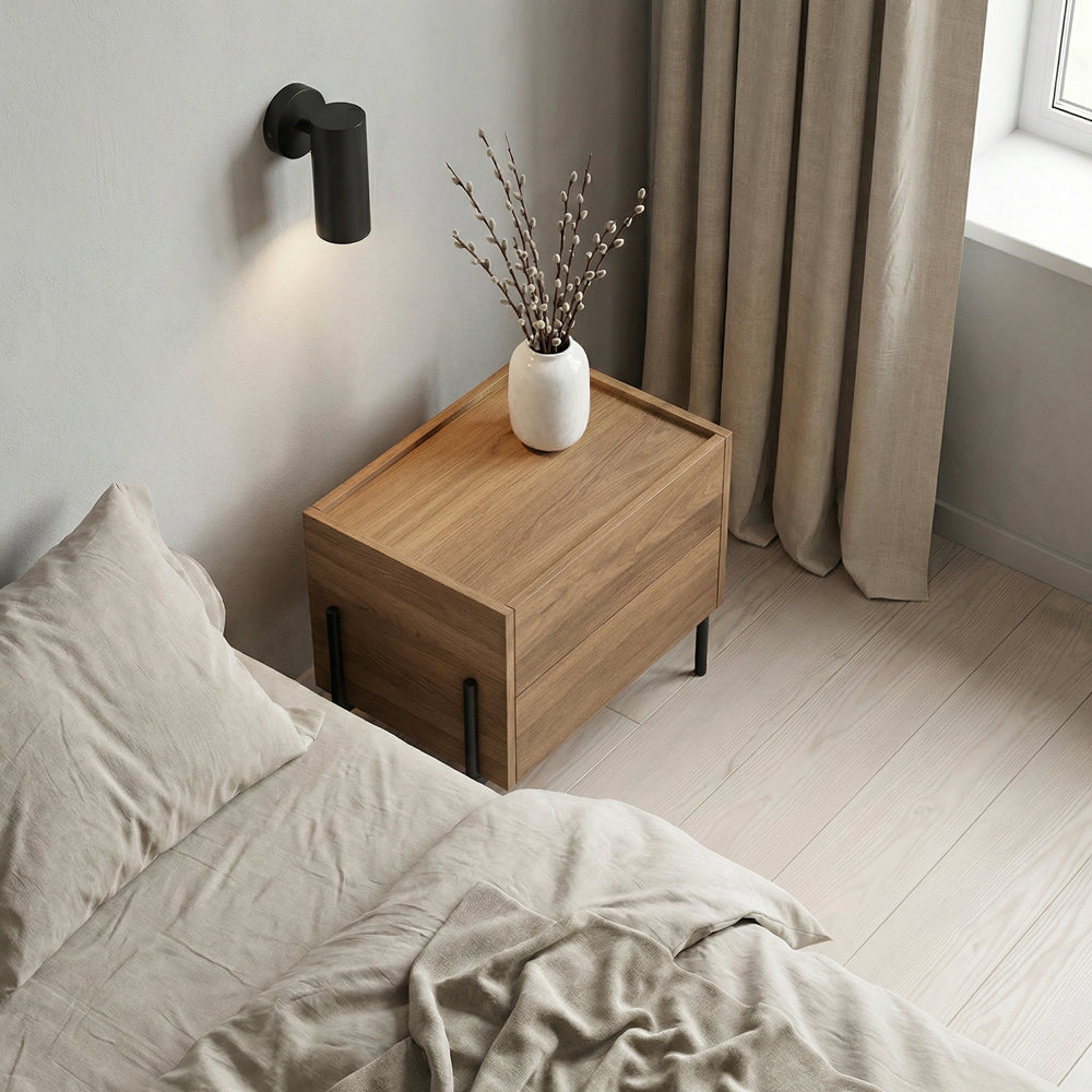 Modern Nightstand with Black Metal Legs Natural Wood Finish & Spacious Drawer